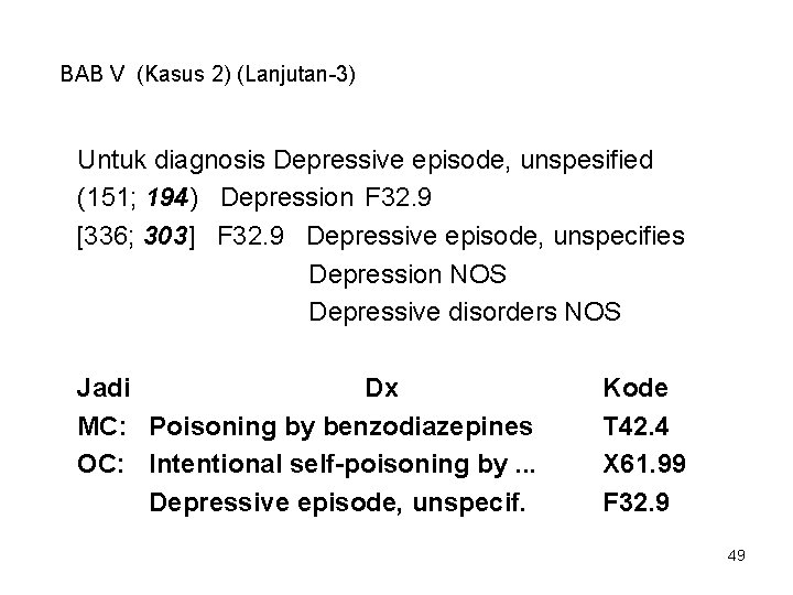 BAB V (Kasus 2) (Lanjutan-3) Untuk diagnosis Depressive episode, unspesified (151; 194) Depression F