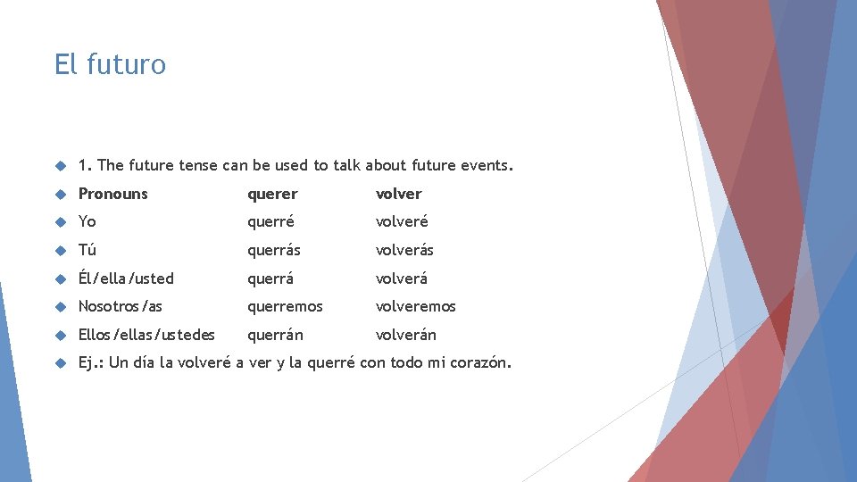 El futuro 1. The future tense can be used to talk about future events.