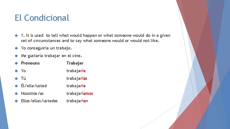 El Condicional 1. It is used to tell what would happen or what someone