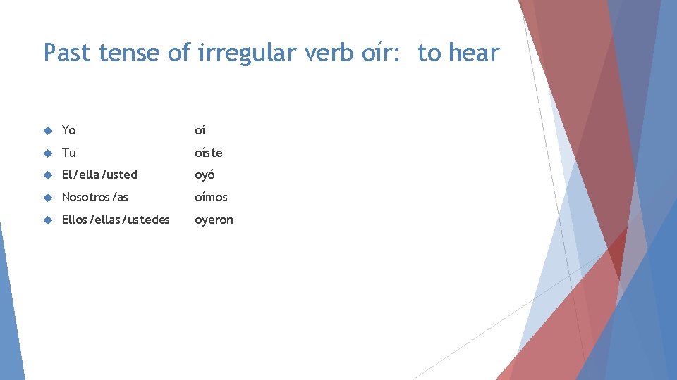 Past tense of irregular verb oír: to hear Yo oí Tu oíste El/ella/usted oyó