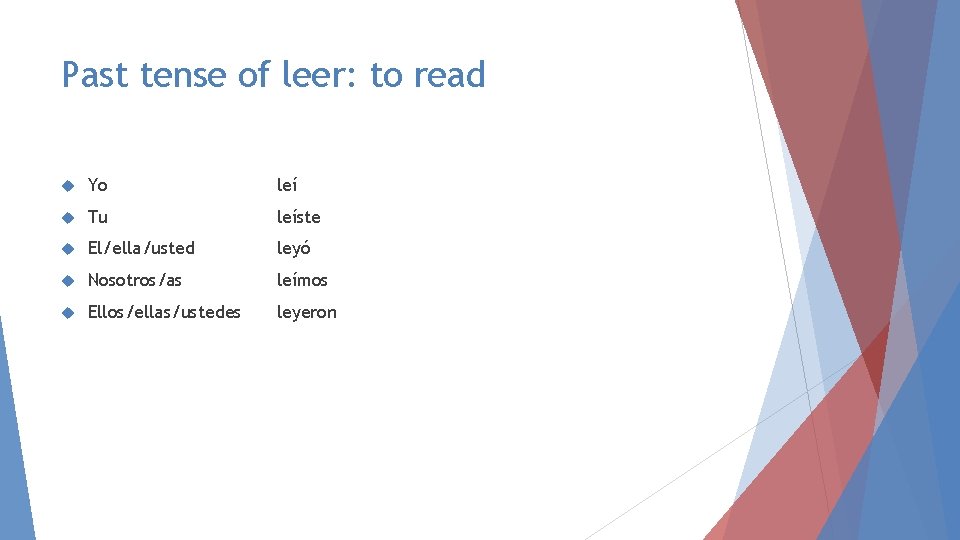 Past tense of leer: to read Yo leí Tu leíste El/ella/usted leyó Nosotros/as leímos