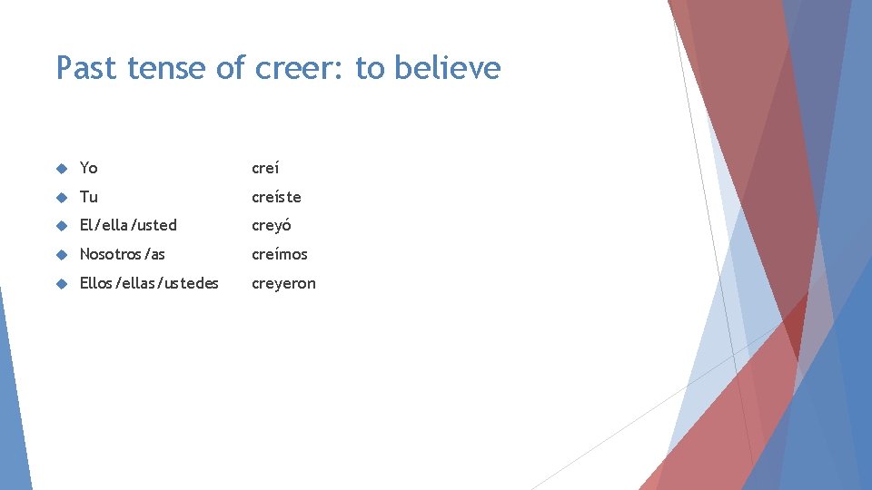 Past tense of creer: to believe Yo creí Tu creíste El/ella/usted creyó Nosotros/as creímos