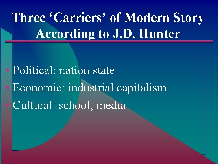 Three ‘Carriers’ of Modern Story According to J. D. Hunter ▪ Political: nation state