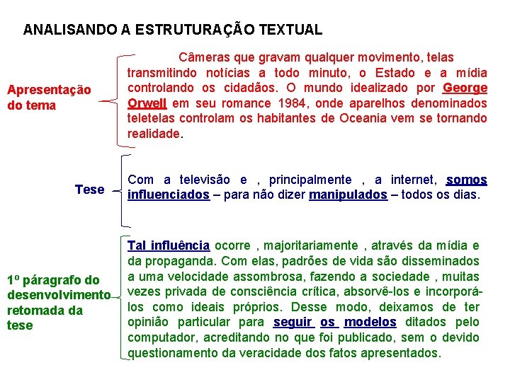 ANALISANDO A ESTRUTURAÇÃO TEXTUAL Apresentação do tema Tese 1º páragrafo do desenvolvimento retomada da