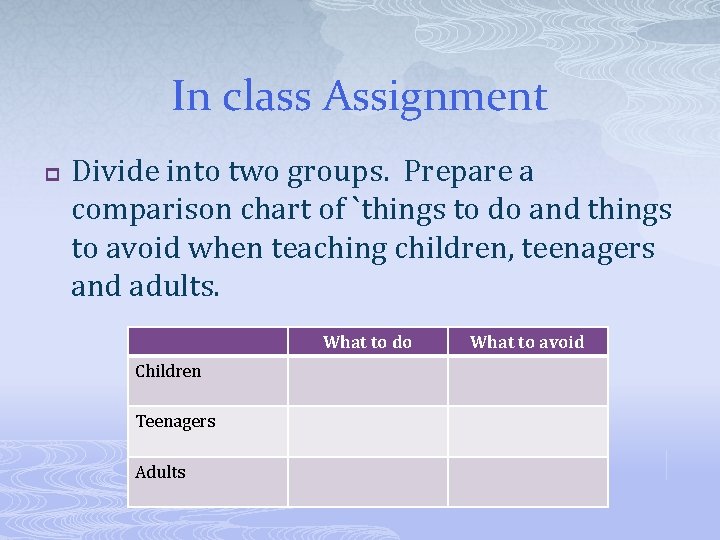 In class Assignment p Divide into two groups. Prepare a comparison chart of `things