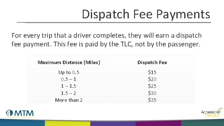 Dispatch Fee Payments For every trip that a driver completes, they will earn a