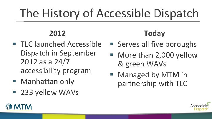 The History of Accessible Dispatch 2012 Today § TLC launched Accessible § Serves all