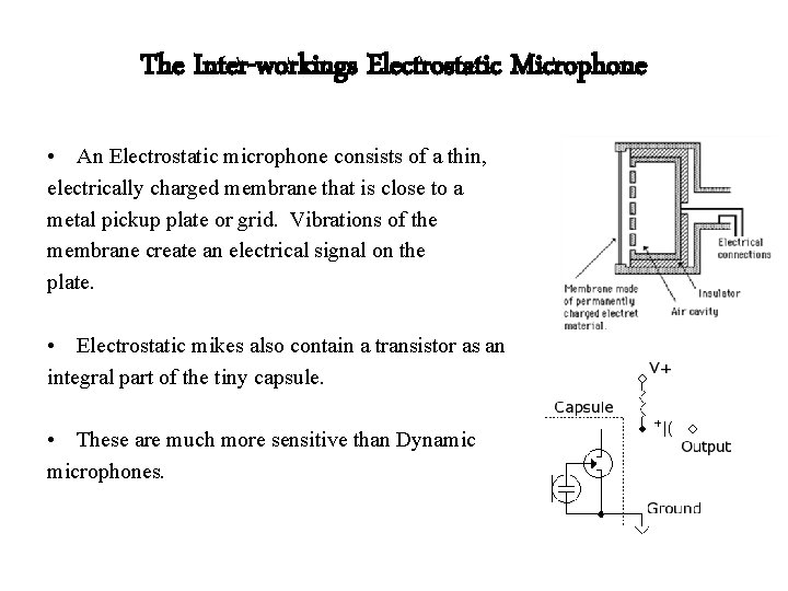 The Inter-workings Electrostatic Microphone • An Electrostatic microphone consists of a thin, electrically charged