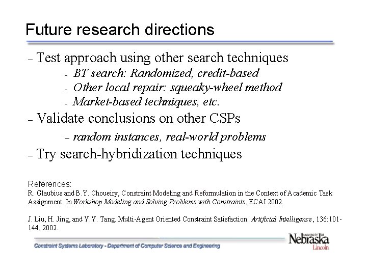 Future research directions – Test approach using other search techniques – – Validate conclusions