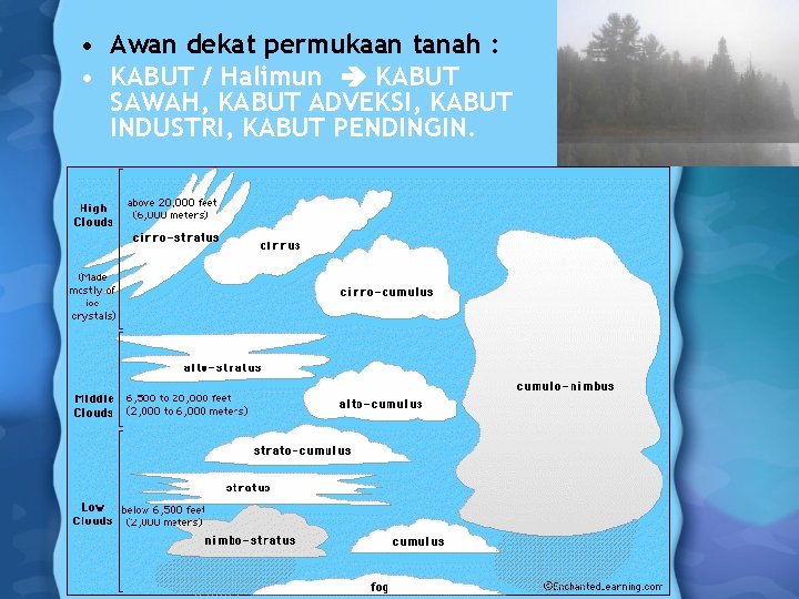  • Awan dekat permukaan tanah : • KABUT / Halimun KABUT SAWAH, KABUT