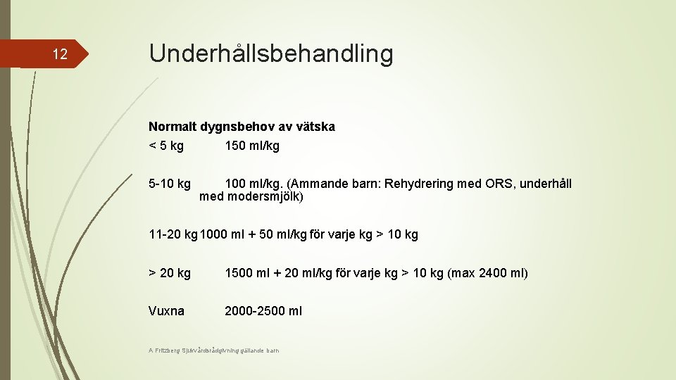 12 Underhållsbehandling Normalt dygnsbehov av vätska < 5 kg 5 -10 kg 150 ml/kg