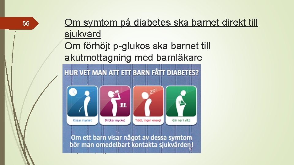 56 Om symtom på diabetes ska barnet direkt till sjukvård Om förhöjt p-glukos ska
