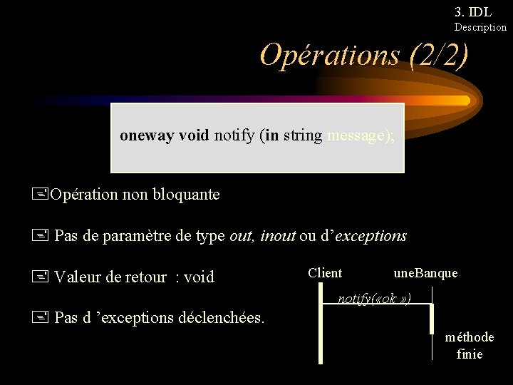 3. IDL Description Opérations (2/2) oneway void notify (in string message); +Opération non bloquante