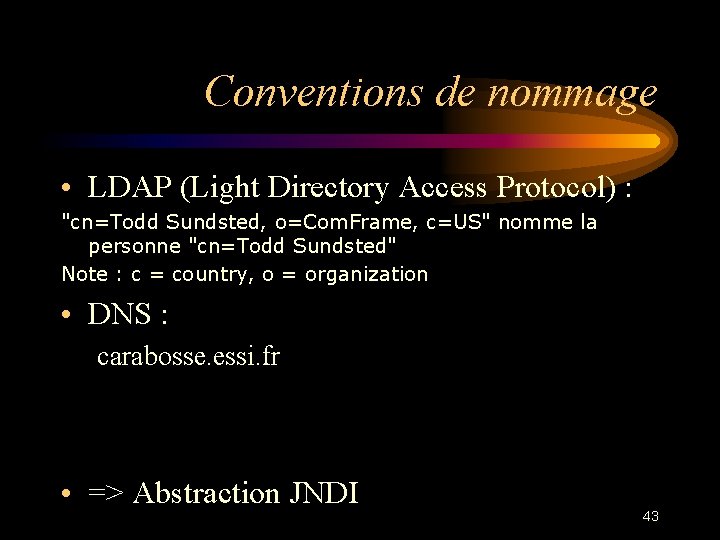 Conventions de nommage • LDAP (Light Directory Access Protocol) : "cn=Todd Sundsted, o=Com. Frame,
