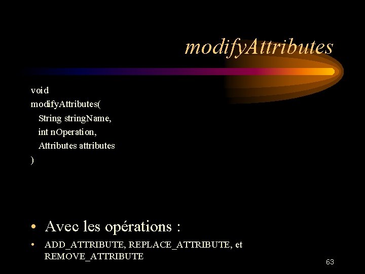 modify. Attributes void modify. Attributes( String string. Name, int n. Operation, Attributes attributes )
