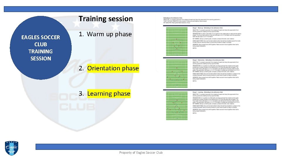 Training session EAGLES SOCCER CLUB TRAINING SESSION 1. Warm up phase 2. Orientation phase