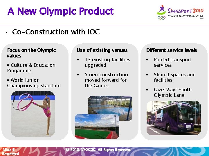 A New Olympic Product • Co-Construction with IOC Focus on the Olympic values §