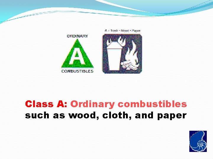 Class A: Ordinary combustibles such as wood, cloth, and paper 