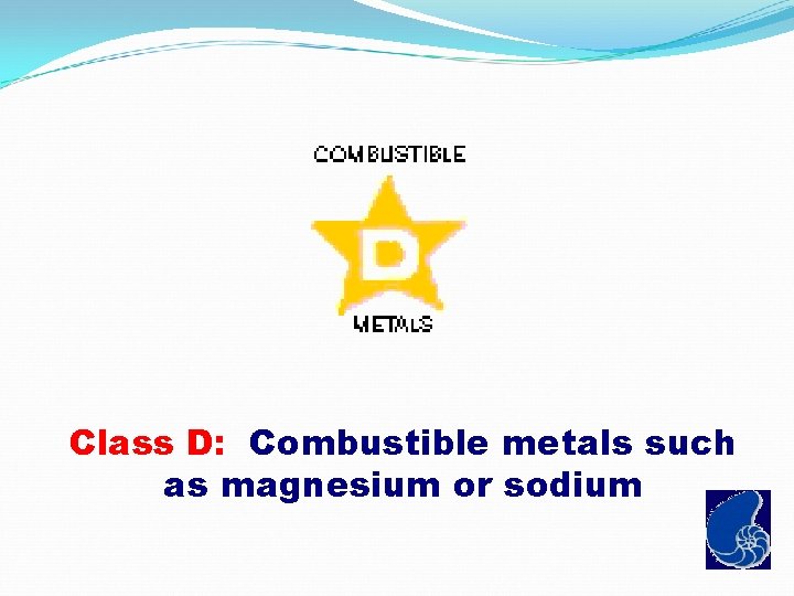 Class D: Combustible metals such as magnesium or sodium 