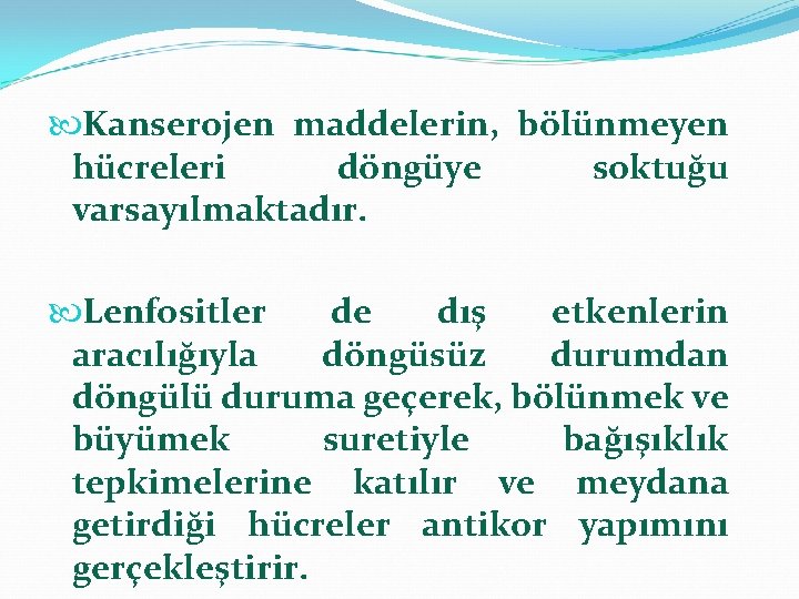  Kanserojen maddelerin, bölünmeyen hücreleri döngüye soktuğu varsayılmaktadır. Lenfositler de dış etkenlerin aracılığıyla döngüsüz