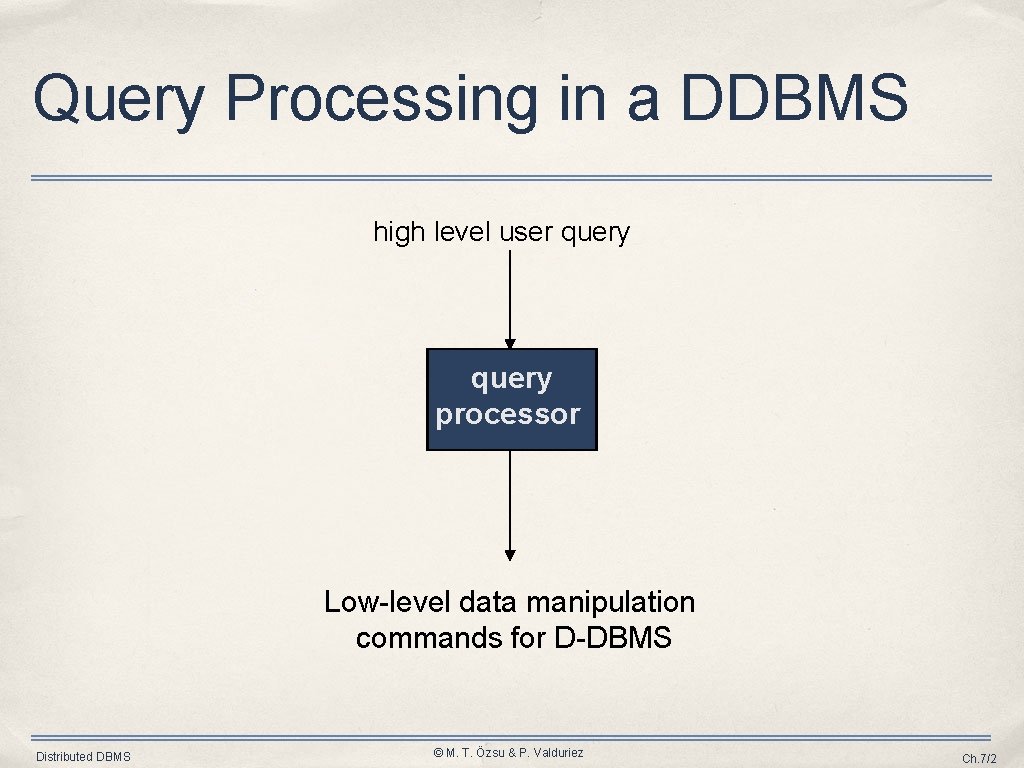 Query Processing in a DDBMS high level user query processor Low-level data manipulation commands