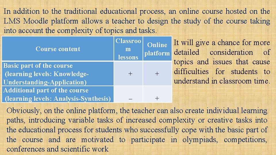 In addition to the traditional educational process, an online course hosted on the LMS