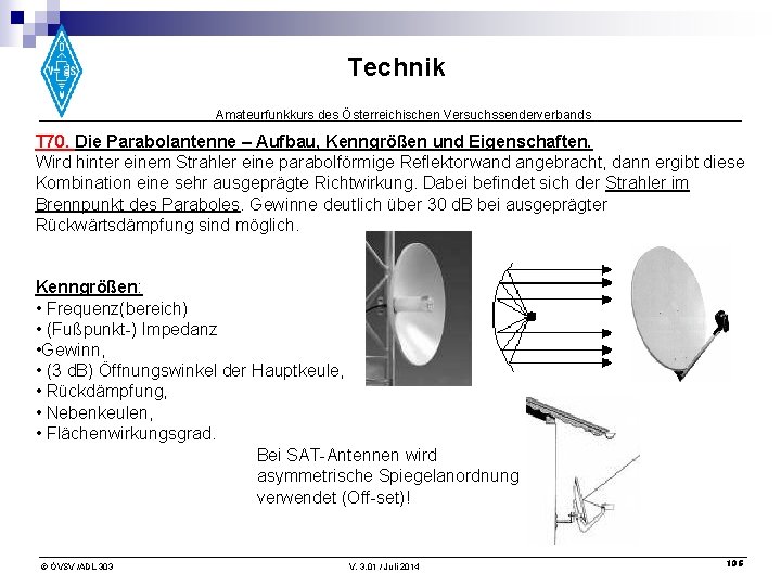 Technik Amateurfunkkurs des Österreichischen Versuchssenderverbands T 70. Die Parabolantenne – Aufbau, Kenngrößen und Eigenschaften.