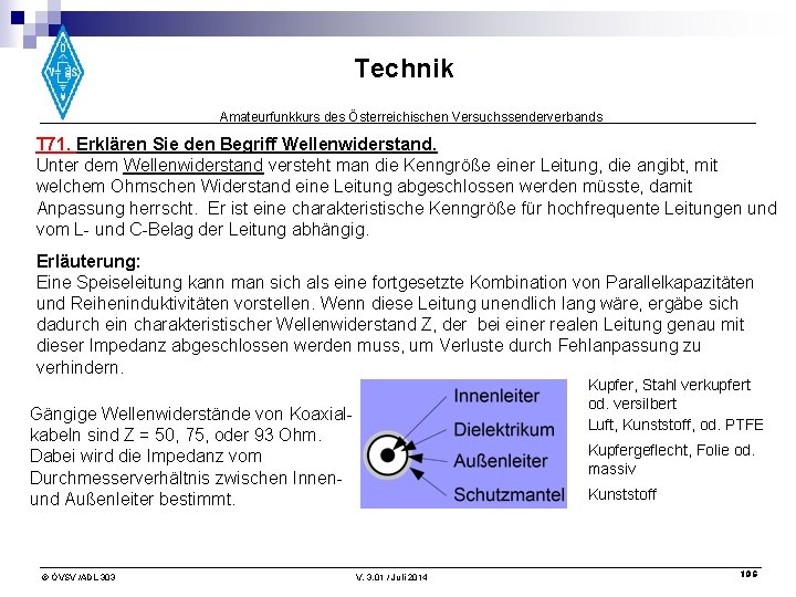 Technik Amateurfunkkurs des Österreichischen Versuchssenderverbands T 71. Erklären Sie den Begriff Wellenwiderstand. Unter dem