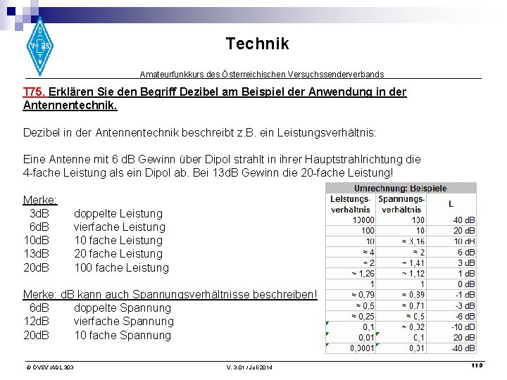 Technik Amateurfunkkurs des Österreichischen Versuchssenderverbands T 75. Erklären Sie den Begriff Dezibel am Beispiel