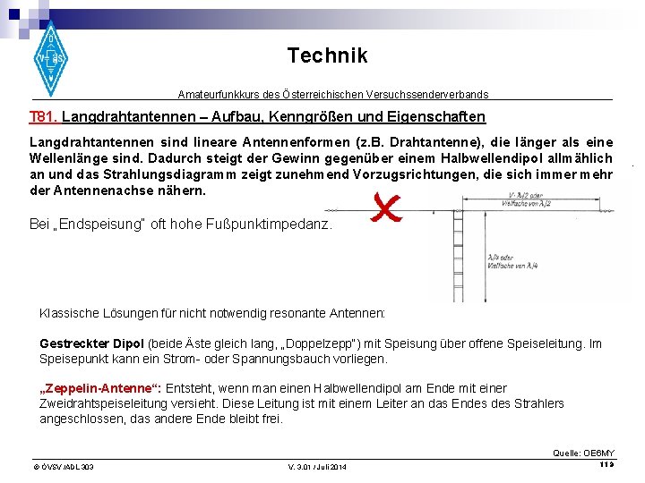 Technik Amateurfunkkurs des Österreichischen Versuchssenderverbands T 81. Langdrahtantennen – Aufbau, Kenngrößen und Eigenschaften Langdrahtantennen