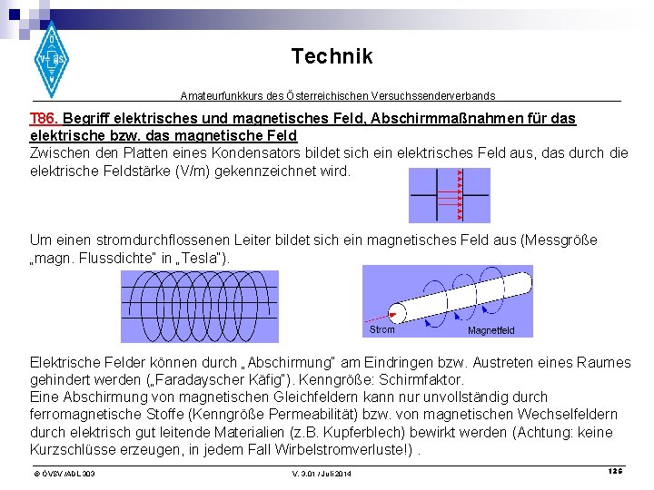 Technik Amateurfunkkurs des Österreichischen Versuchssenderverbands T 86. Begriff elektrisches und magnetisches Feld, Abschirmmaßnahmen für