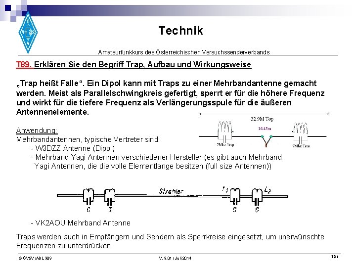 Technik Amateurfunkkurs des Österreichischen Versuchssenderverbands T 89. Erklären Sie den Begriff Trap, Aufbau und