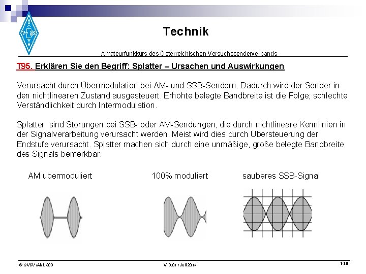 Technik Amateurfunkkurs des Österreichischen Versuchssenderverbands T 95. Erklären Sie den Begriff: Splatter – Ursachen