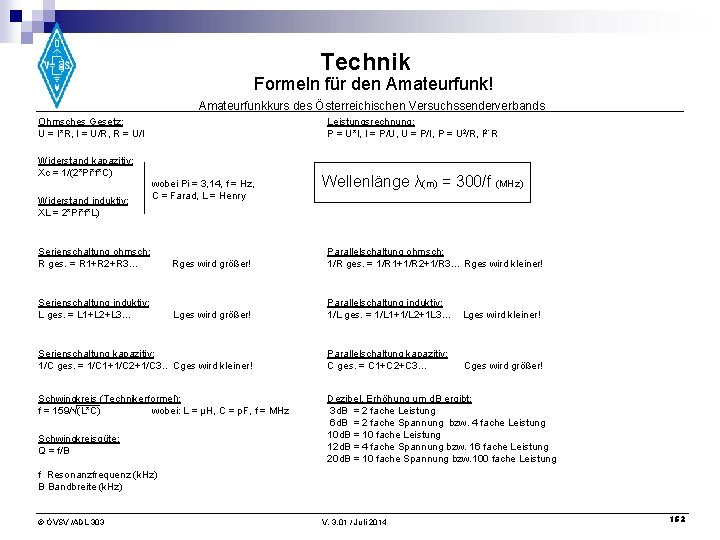 Technik Formeln für den Amateurfunk! Amateurfunkkurs des Österreichischen Versuchssenderverbands Ohmsches Gesetz: U = I*R,