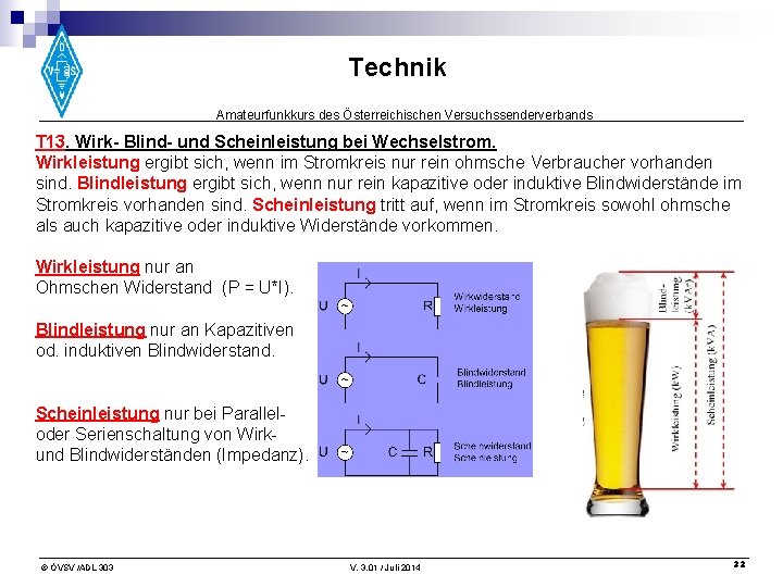 Technik Amateurfunkkurs des Österreichischen Versuchssenderverbands T 13. Wirk- Blind- und Scheinleistung bei Wechselstrom. Wirkleistung