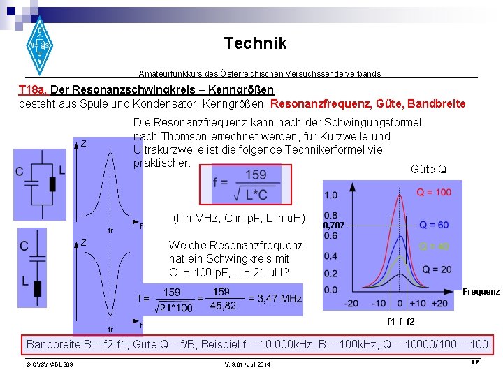 Technik Amateurfunkkurs des Österreichischen Versuchssenderverbands T 18 a. Der Resonanzschwingkreis – Kenngrößen besteht aus