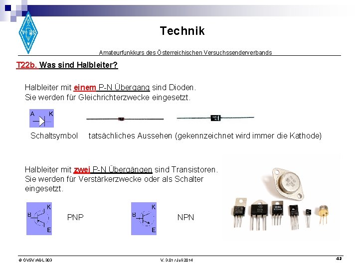 Technik Amateurfunkkurs des Österreichischen Versuchssenderverbands T 22 b. Was sind Halbleiter? Halbleiter mit einem