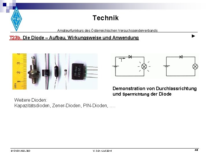 Technik Amateurfunkkurs des Österreichischen Versuchssenderverbands T 23 b. Die Diode – Aufbau, Wirkungsweise und