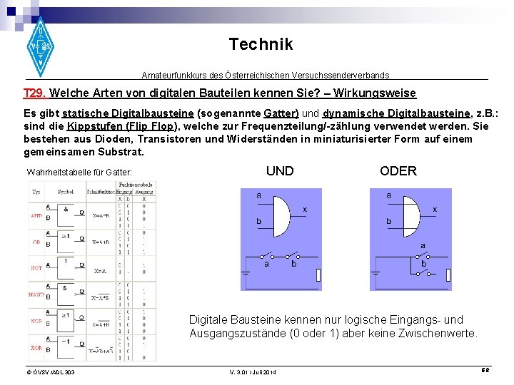 Technik Amateurfunkkurs des Österreichischen Versuchssenderverbands T 29. Welche Arten von digitalen Bauteilen kennen Sie?