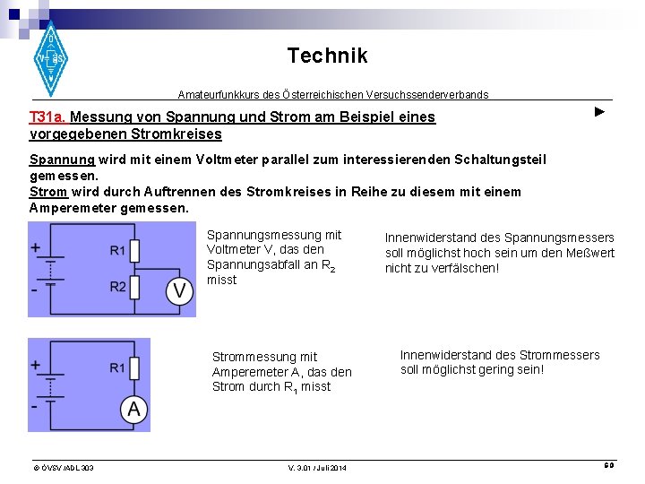 Technik Amateurfunkkurs des Österreichischen Versuchssenderverbands T 31 a. Messung von Spannung und Strom am