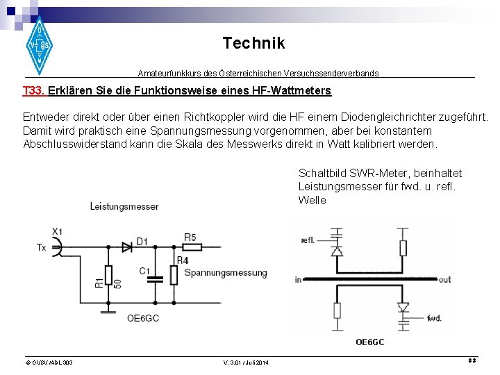 Technik Amateurfunkkurs des Österreichischen Versuchssenderverbands T 33. Erklären Sie die Funktionsweise eines HF-Wattmeters Entweder