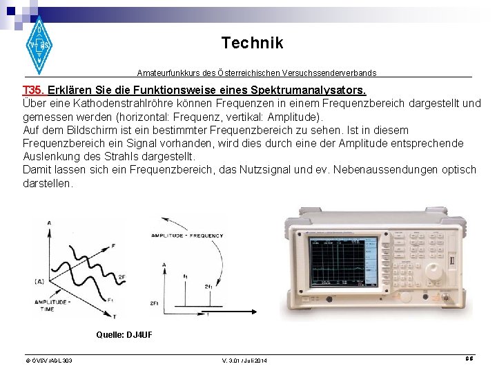 Technik Amateurfunkkurs des Österreichischen Versuchssenderverbands T 35. Erklären Sie die Funktionsweise eines Spektrumanalysators. Über