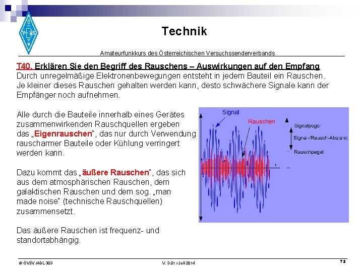 Technik Amateurfunkkurs des Österreichischen Versuchssenderverbands T 40. Erklären Sie den Begriff des Rauschens –