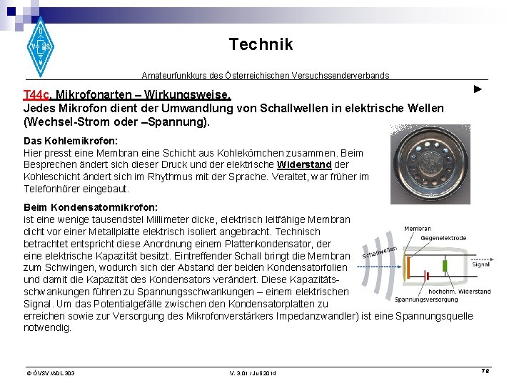 Technik Amateurfunkkurs des Österreichischen Versuchssenderverbands T 44 c. Mikrofonarten – Wirkungsweise. Jedes Mikrofon dient