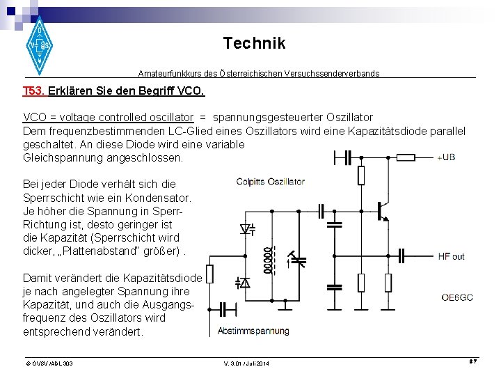 Technik Amateurfunkkurs des Österreichischen Versuchssenderverbands T 53. Erklären Sie den Begriff VCO = voltage