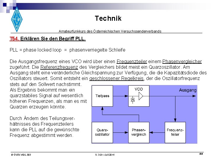 Technik Amateurfunkkurs des Österreichischen Versuchssenderverbands T 54. Erklären Sie den Begriff PLL = phase