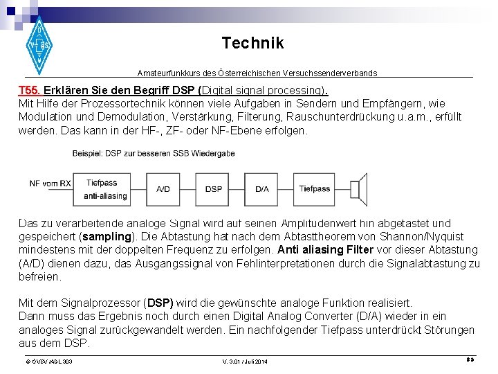 Technik Amateurfunkkurs des Österreichischen Versuchssenderverbands T 55. Erklären Sie den Begriff DSP (Digital signal