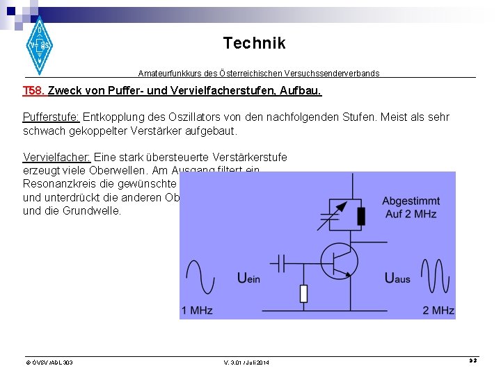 Technik Amateurfunkkurs des Österreichischen Versuchssenderverbands T 58. Zweck von Puffer- und Vervielfacherstufen, Aufbau. Pufferstufe: