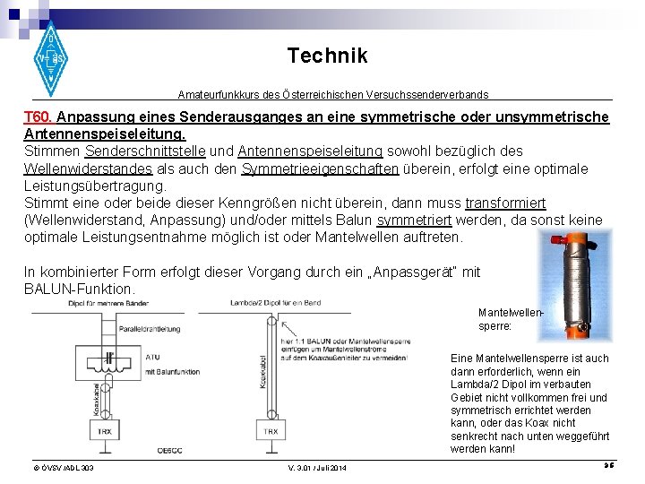 Technik Amateurfunkkurs des Österreichischen Versuchssenderverbands T 60. Anpassung eines Senderausganges an eine symmetrische oder