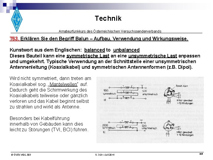 Technik Amateurfunkkurs des Österreichischen Versuchssenderverbands T 63. Erklären Sie den Begriff Balun – Aufbau,